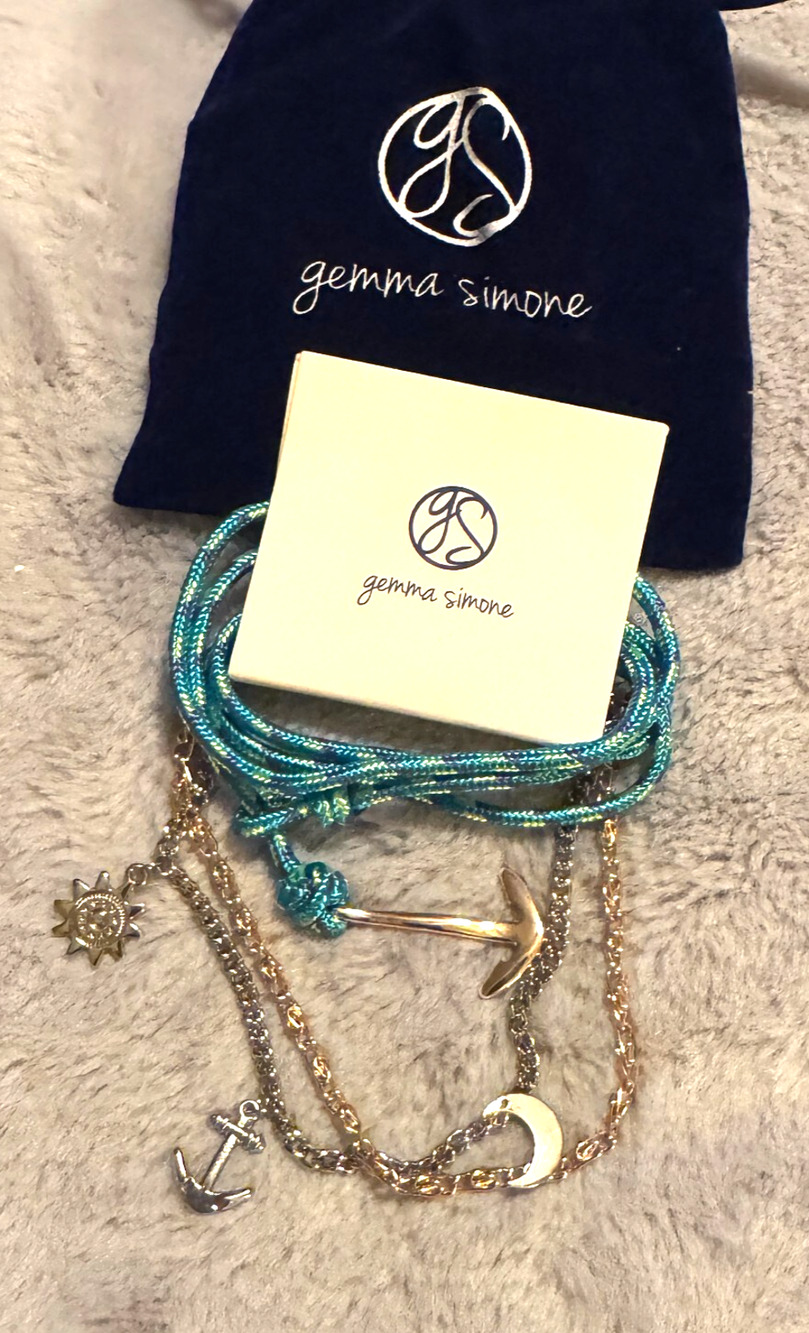 New Gemma Simone Voyage Nautical Bracelet Set Gold Moon Anchors & green rope